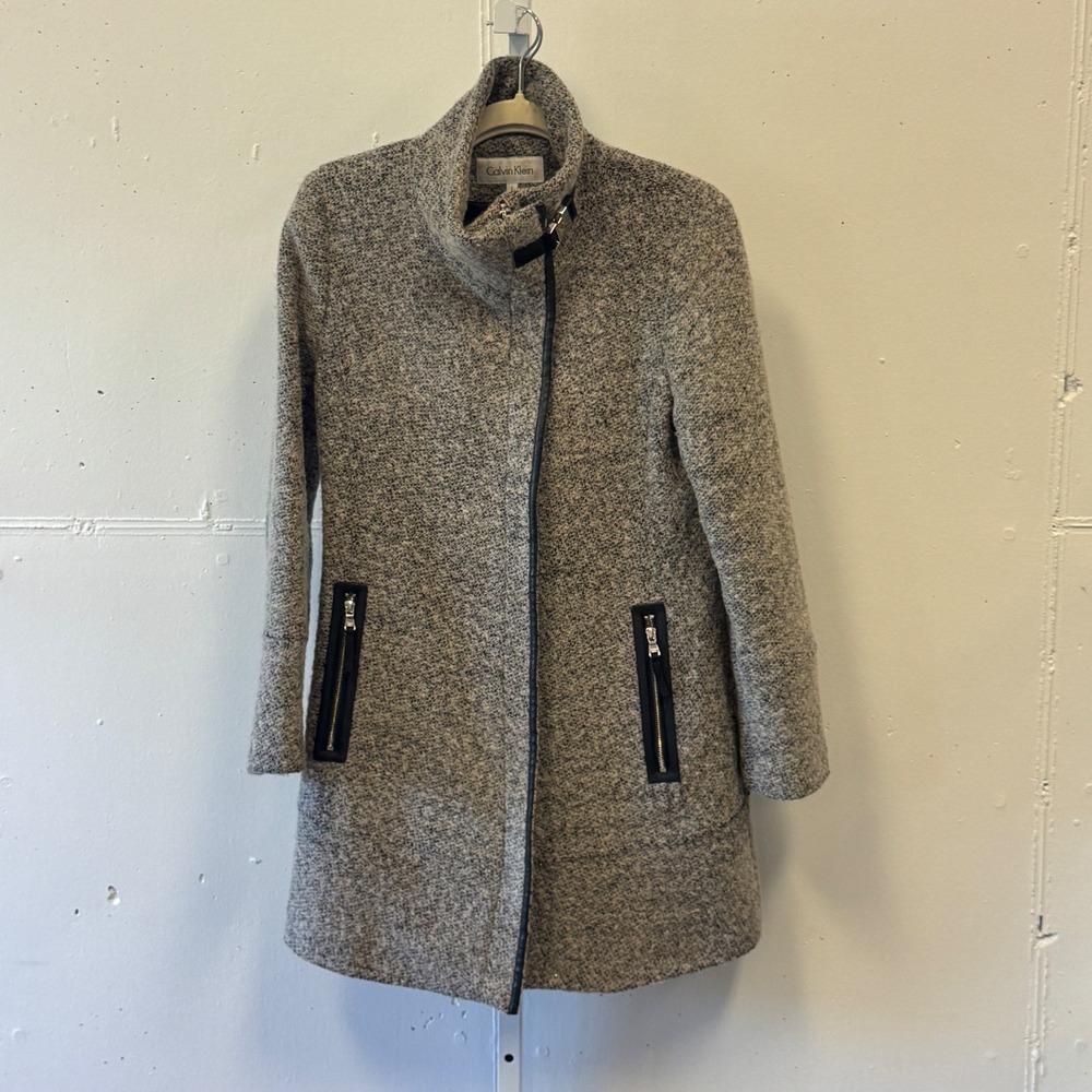 Calvin Klein Wool Blend Asymmetric Zip Tweed Funnel Neck Coat Small Gray Classic